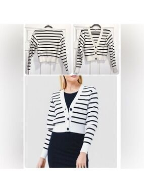 FRAME Relaxed Striped Rib-Knit Cardigan Black and White Stripes Size Small